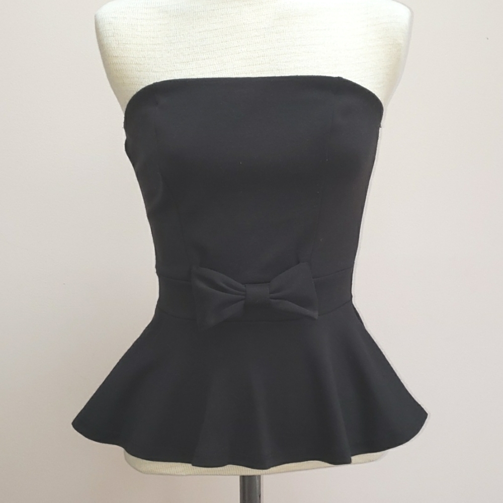 Ambiance Black Strapless Peplum Top with Bow at Waist, Size Small
